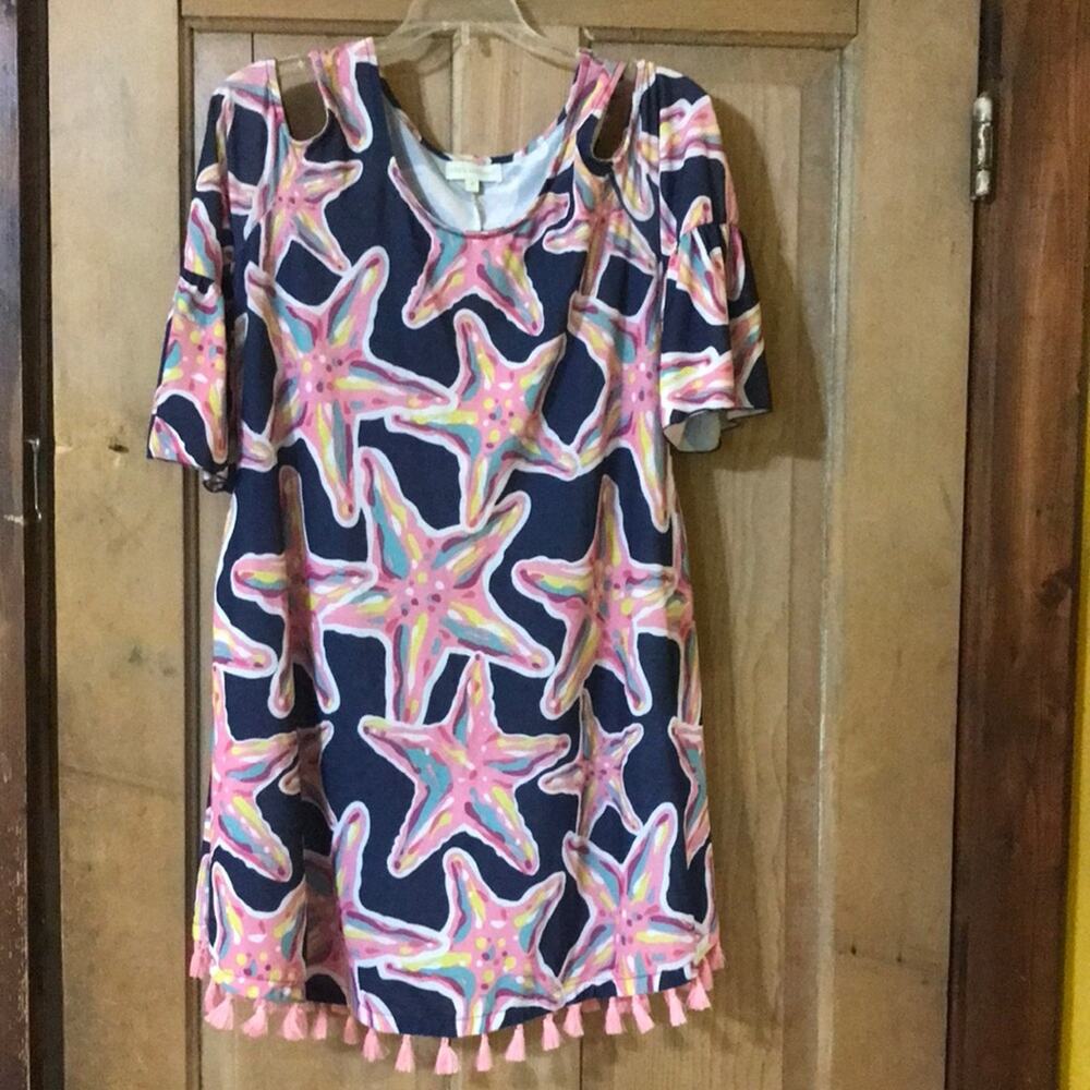 Simply Southern Dress Blue Pink Starfish‎ Cold Shoulder Tassel Hem Small